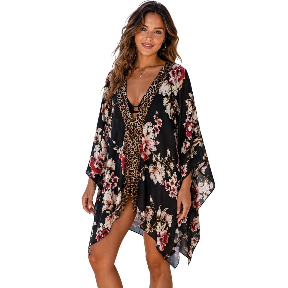 (B11) Coco + Carmen Floral Leopard Print Kimono Wrap Navy Blue Pink One Size